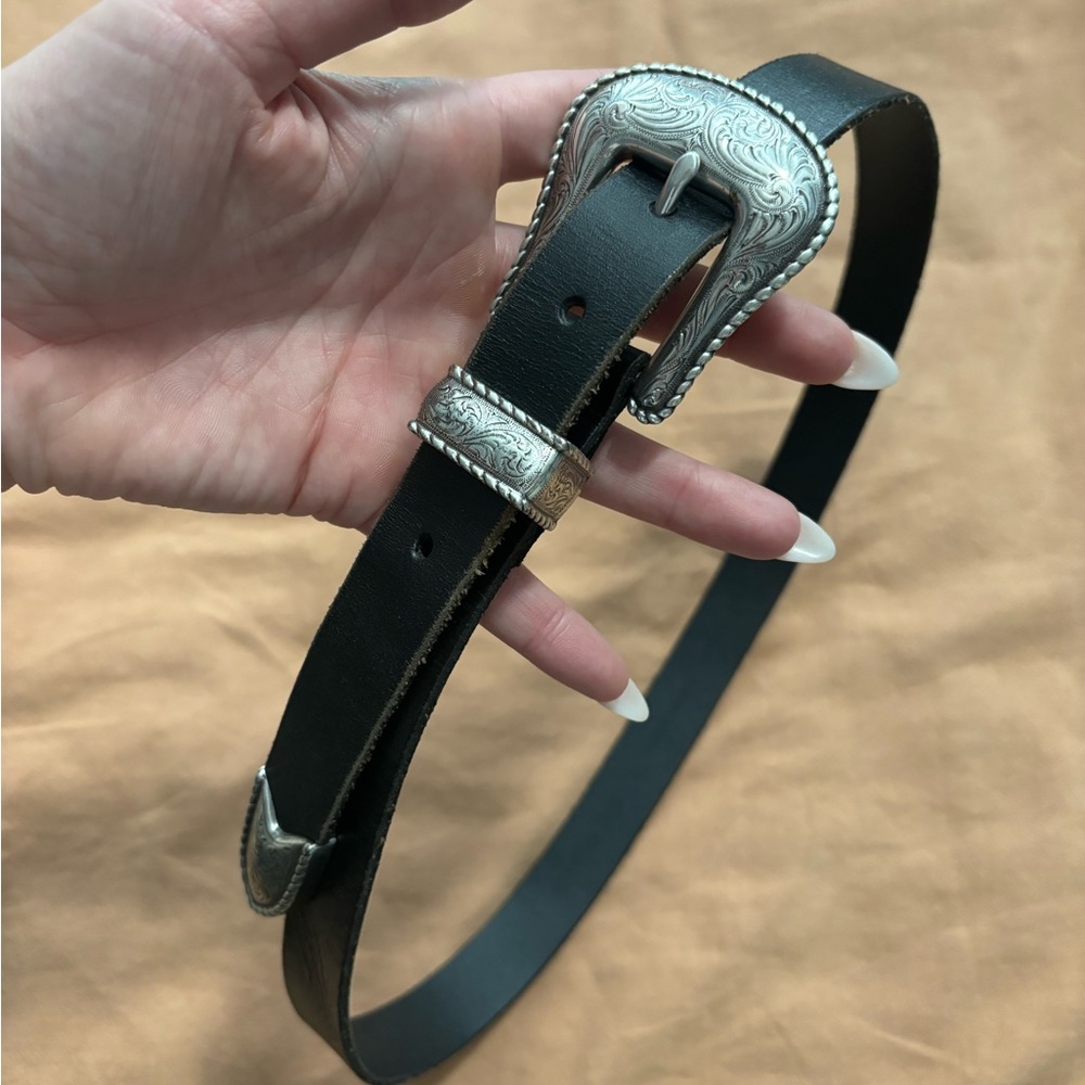 Black Leather Western Belt With Silver Metal — Small